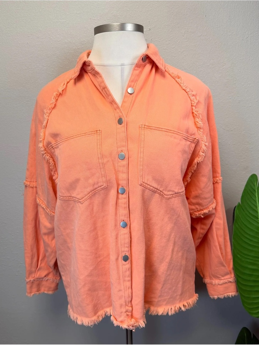 POL Neon Orange Oversized Frayed Denim Jacket - Size Large